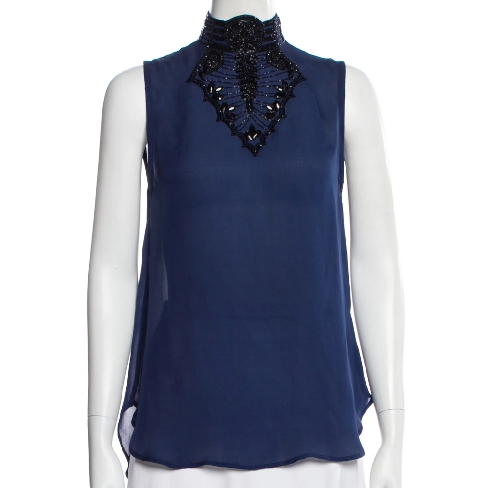 Haute Hippie Navy Sleeveless Beaded High-Neck Camisole